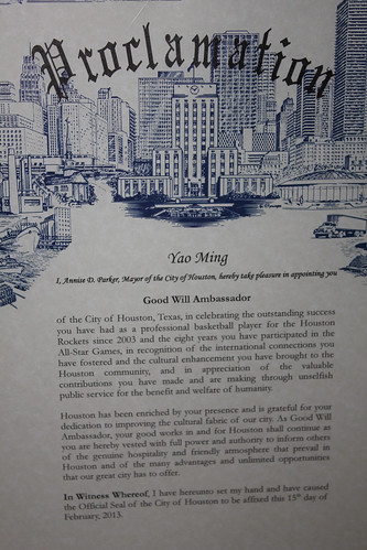 February 15th, 2013 - The City of Houston Proclamation for Yao Ming