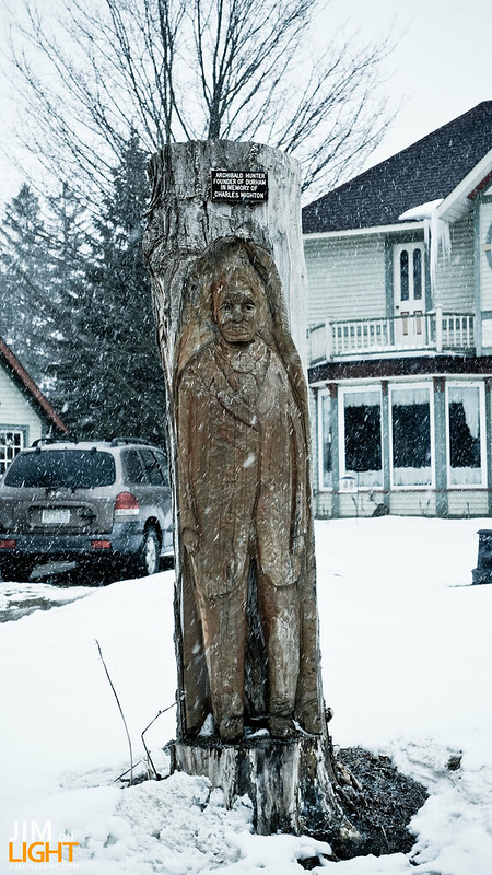 the founder of Durham, ON carved into a log