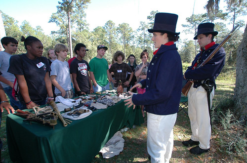 Juliann and Matthew Krogh, members of the Coast Guard Historic Ship?s Company, give a living history presentation to Franklin County, Fla., middle school students recently at historic Fort Gadsden on the Apalachicola National Forest. (U.S. Forest Service Photo/Susan Blake)