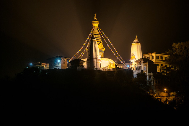 Rooftop view to Swayambuhnath Stupa at Night