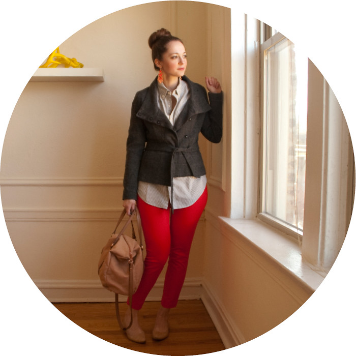 red pants with tweed