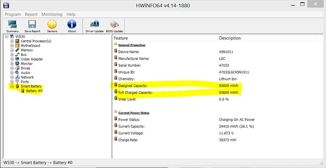 ThinkPad W530 9 cells battery under HWinfo64