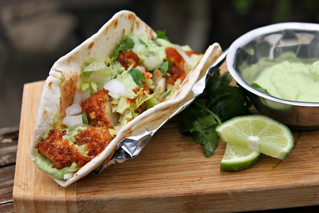 Fried fish tacos with avocado cream sauce