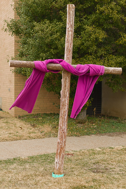 Saint Joan of Arc Roman Catholic Church, in Saint Louis, Missouri, USA - cross draped in violet