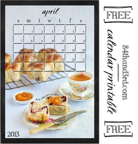 April 2013 Calendar Printable: Berry Filled Hot Cross Buns