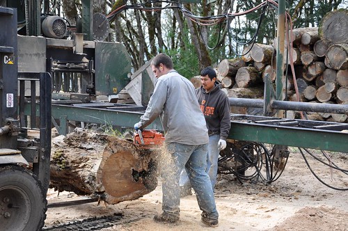 Ramping up production at Zena Forest Products beginning last year provided family-wage employment to Nic Schrock (left) and Macario Espinoza who work alongside Ben at the mill.