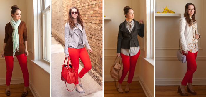 april outfits, red pants four ways, ways to wear bright pants, outfit ideas for red pants, j.crew factory winnie pants, remix, previously on, re-wear, bright skinny dress pants