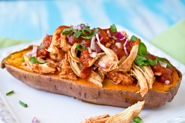 BBQ Pulled Chicken Stuffed Baked Sweet Potato