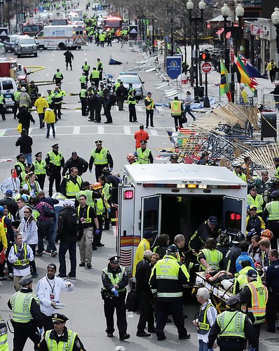 Aftermath of two bomb blasts at the Boston Marathon finish line. Two people were initially reported killed and many others injured. by Pan-African News Wire File Photos