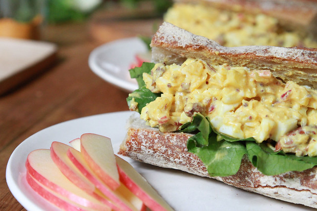 curried egg salad sandwich with apple and almonds