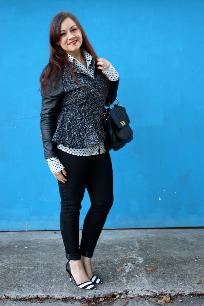 SF Bay Area Fashion & Style Blog - Black & white, polka dot shirt, zara striped heels, tweed & leatherette peplum jacket, rebecca minkoff covet bag, mabelline super stay 10 stain gloss in cool coral - 2013 outfit