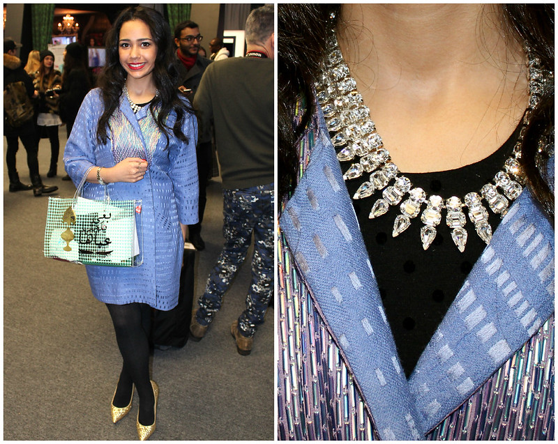 nyfw, metallic blue coat, crystal necklace