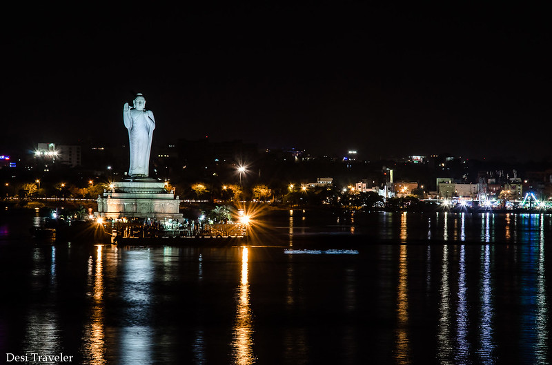 The 18 meter tall Buddha Statue Hussain Sagar in Night lights