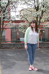 Bradford Pear outfit: Polkadot AG "Stevie Ankle" jeans, thrifted white eyelet buttondown, mint green "Jackie" J.Crew cardigan, Modcloth candy-stripe flats, DIY nail-polish iPhone case, J.Crew pavé cable bracelet