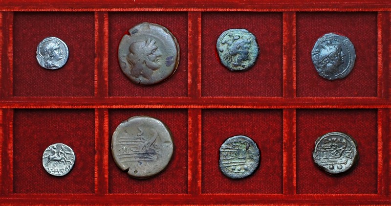 RRC 065 AVR Aurunculeia quinarius, semis, quadrans, overstrike sextans, Ahala collection, coins of the Roman Republic
