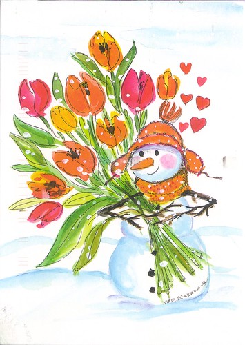 Snowman with Flowers for You Postcard