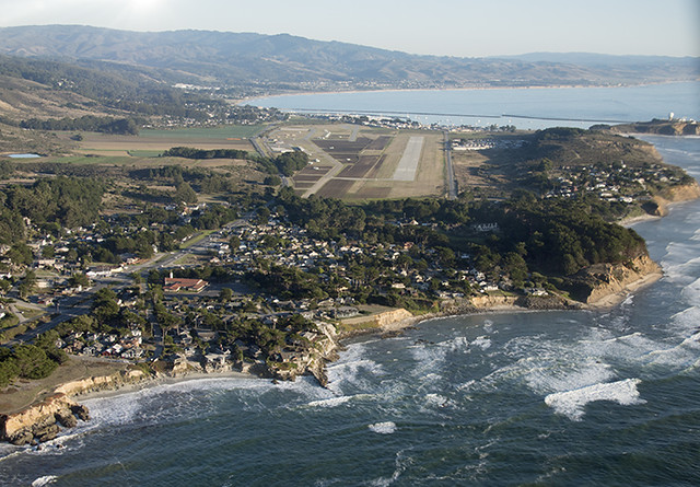 Aerial view of Moss Beach, Half Moon Bay Airport, and the Seal Cove Fault, California