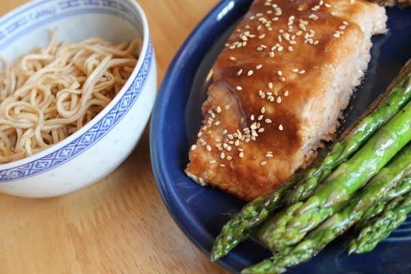 Miso Salmon, Garlic Scallion Noodles, & Asparagus