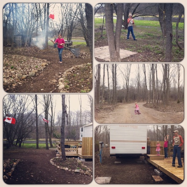 Getting our site all raked, burning sticks, and got the trailer backed into it's spot. Bring on summer! #camping #cmig365apr