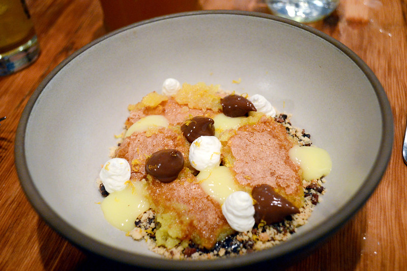 lemon curd, chocolate pudding, ground pistachios and graham crumble
