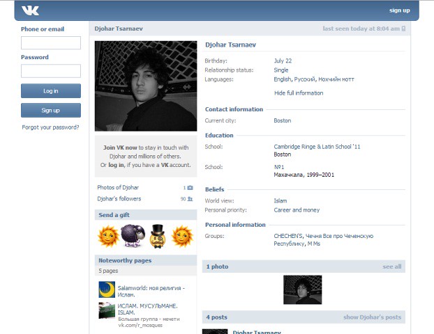 Akun jejaring sosial VKontakte milik terduga pelaku bom Boston, Dzhokar A Tsarnaev