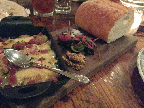 Melted raclette, butterball potatoes, cornichons, mustard and soft bread @ Hart and the Hunter