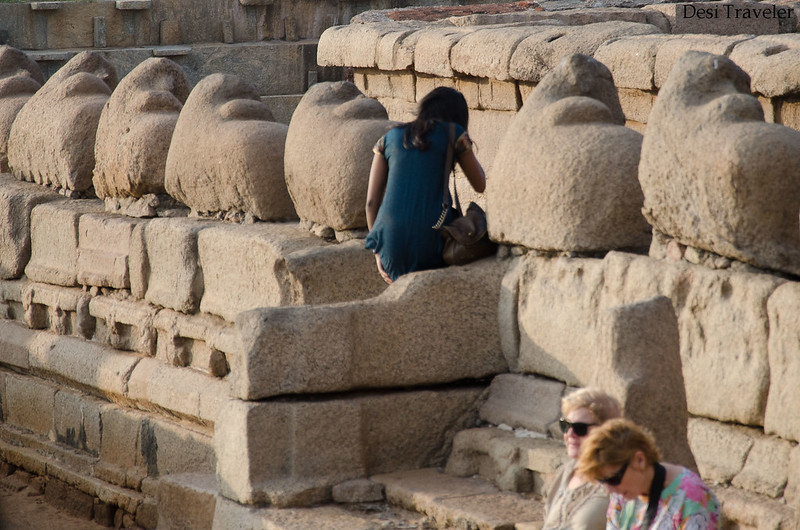 girl sitting between nandi statues at shore temple mahabalipuram 