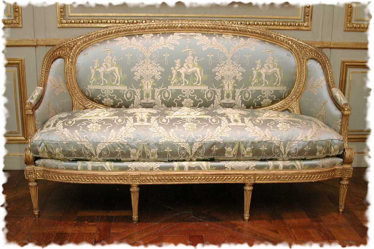 1770 Sofa. French. Carved and gilded mahogany, modern silk damask. metmuseum