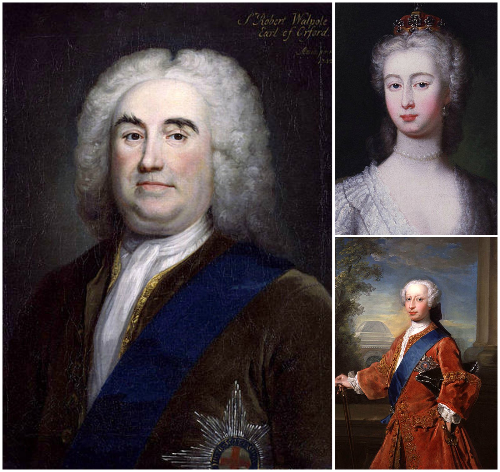 Robert Walpole, 1st Earl of Orford and Prime Minister of Great Britain (left) preferred Augusta of Saxe-Gotha (top right) as a match for Frederick, Prince of Wales (lower right)