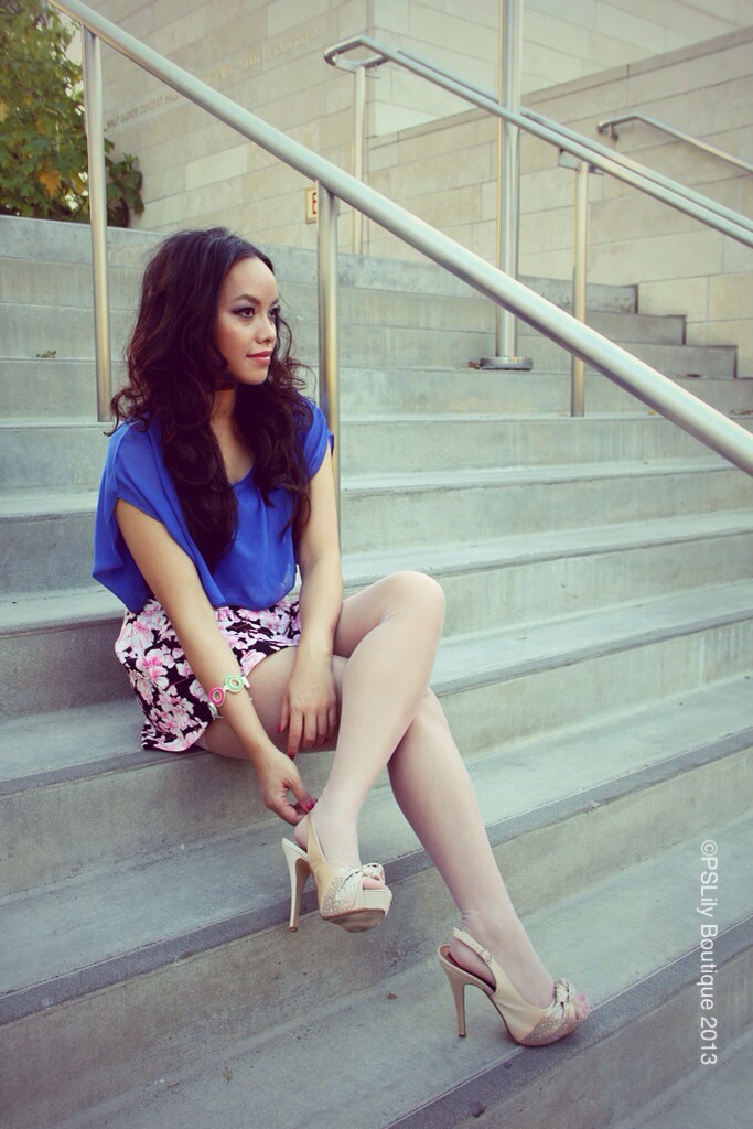 Under The Cherry Blossom Tree, pslily boutique, high heels, floral shorts, top, long hair