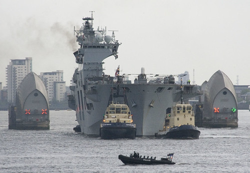 HMS Ocean passing through the Thames Barrier