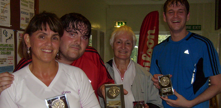 Bolton Badminton League Handicap Tournament 2012 Mixed Doubles Winners (Alison Muddiman and Craig Harvey) and Runners-up (Eileen Beeney and Chris Travis)