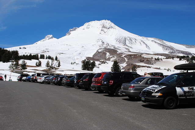 parking lot at Timberline Lodge with the top of Mt. Hood in the distance