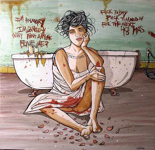 an illustration of cristy road sitting in front of a bathtub with what appears to be menstrual blood on the floor and walls