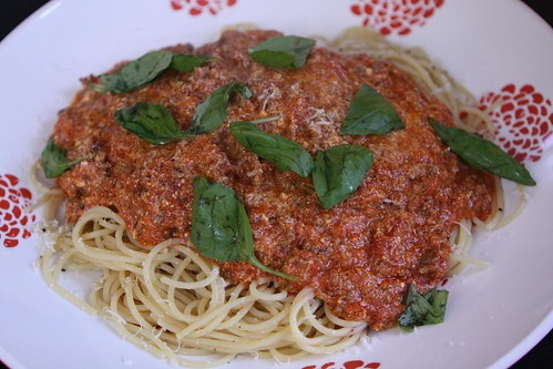 Spaghetti with Meat Sauce, Basil, and Pargmigiano-Reggiano
