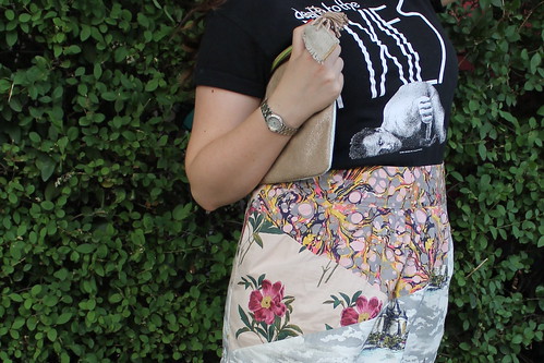 Pixies and Roses outfit: Band tee, mixed print skirt, Dolce Vita sandals, sparkly suede clutch