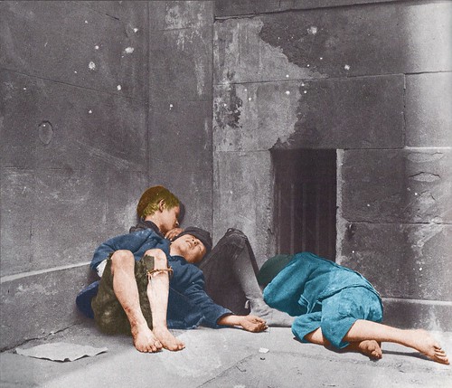 Street Arabs in their Sleeping Quarters (Church Corner).  New York, NY, USA, c.1889. (Colorized)