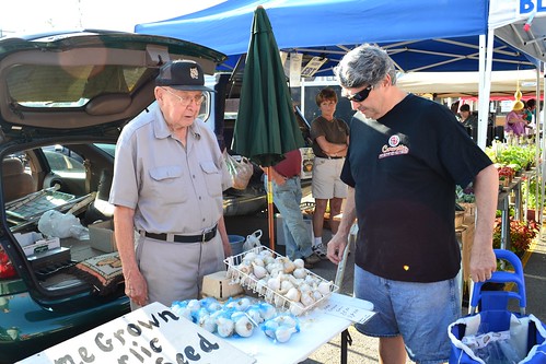 Elmer Moje sells German Stiffneck garlic at his stand in the Tonawanda, New York farmers market.  For decades, Moje has been bringing his crops to the same market.  Photo by Sharif Hamdy