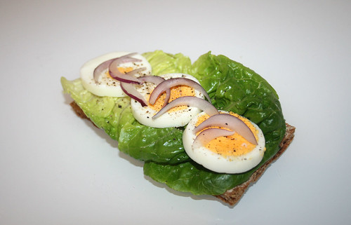 Eischeiben mit roter Zwiebel auf Salat / Egg slices with red onion on salad