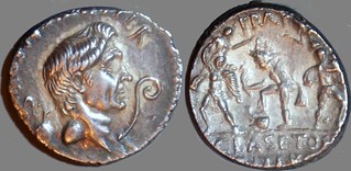 511/3a MAG.PIVS IMP.ITER Sextus Pompeius Denarius. Pompey, jug lituus, Neptune Catanaean brothers PRAEF CLAS ET ORAE MARIT EX S.C. Sicily 42-36BC.