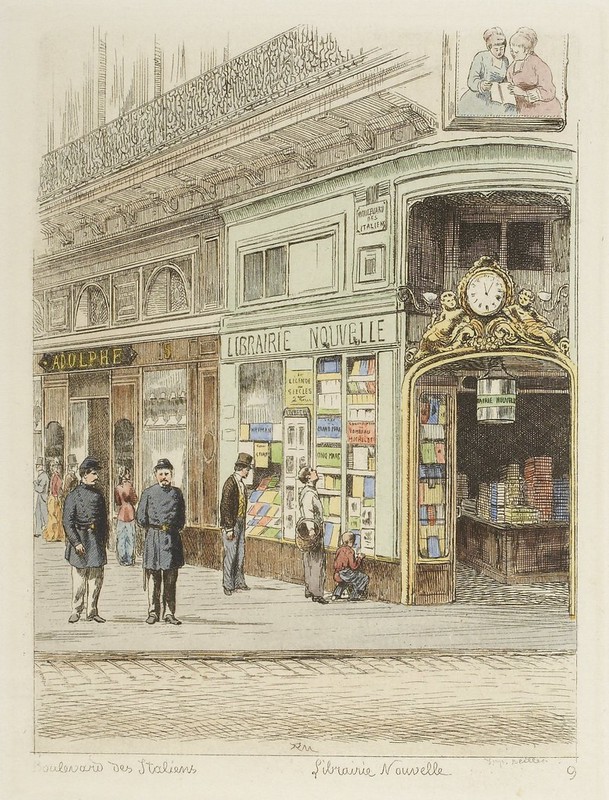 vintage engraving - Paris sidewalk with pedestrians and storefronts