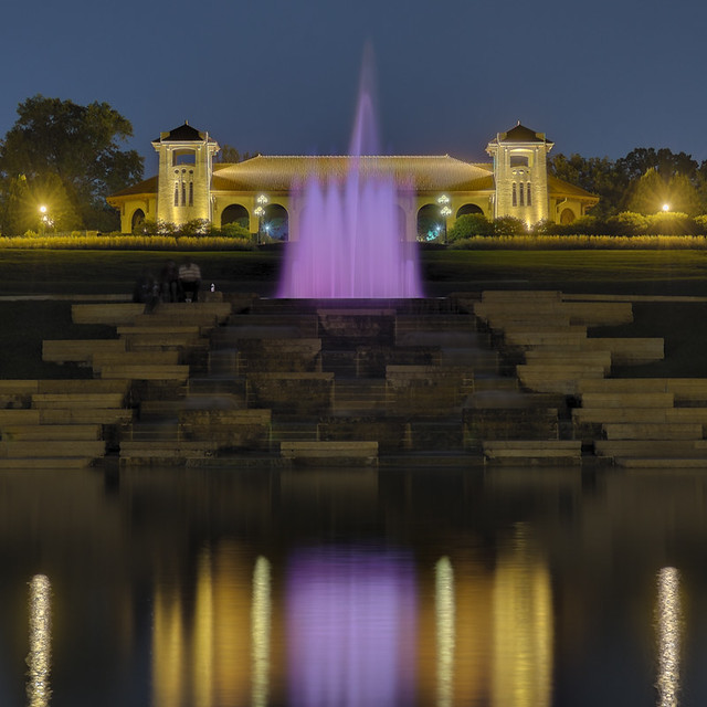 Forest Park, in Saint Louis, Missouri, USA - Government Hill at night with fountain and Worlds Fair Pavilion