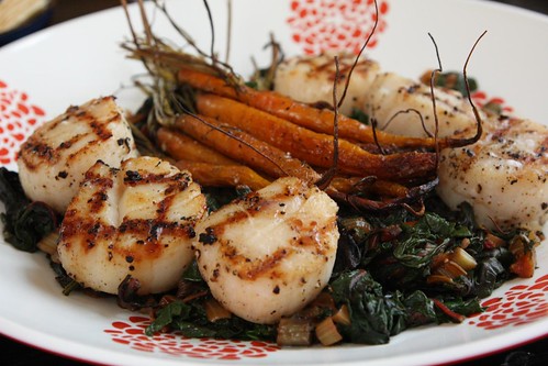 Grilled Sea Scallops, Roasted Baby Carrots, and Wilted Swiss Chard