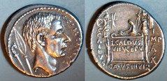 51BC 437/4a CALDVS IIIVIR Coelia Denarius. C. Coelius Caldus cos.94BC, carnyx, spear, Table figure, epulum, 2 trophies, for victories of 94BC. Rome. AM#9807-38