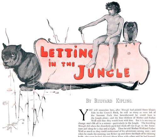 Cecil Aldin (1870-1935) - Mowgli, Bagheera and Chil (logo illustration for Letting In the Jungle by Rudyard Kipling, Pall Mall Budget, 13 December 1894 Christmas Number)