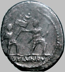 RRC 513/3 Arria Denarius SECVNDVS, male head right with features of Octavian, Two soldiers exchanginf standards. Excessively rare type, Capitoline museum example