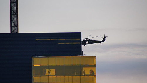 Blackhawk Helicopters on Military Training Exercise over the Downtown Minneapolis Riverfront