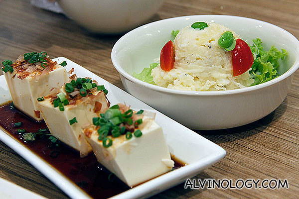 Hiyayakko (Chilled Tofu witth chilli soy sauce) and Marukin potato salad