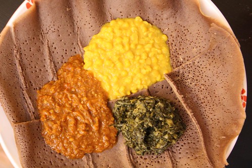 Ethiopian Gomen, Kik, and Misir with Injera Bread