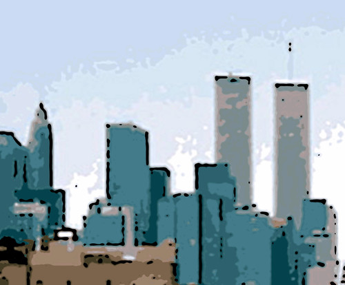 New York Skyline with Twin Towers (Digital Woodcut) by randubnick